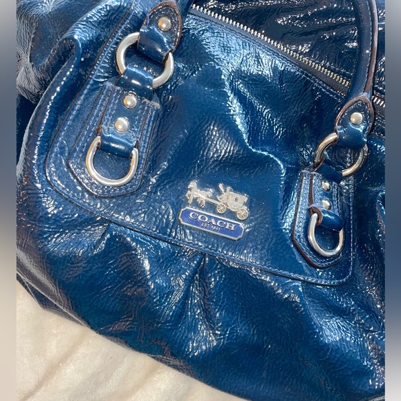 Coach Purse Patent Leather Satchel Navy Glossy Crinkle Blue Handbag Rare Color - Picture 5 of 7
